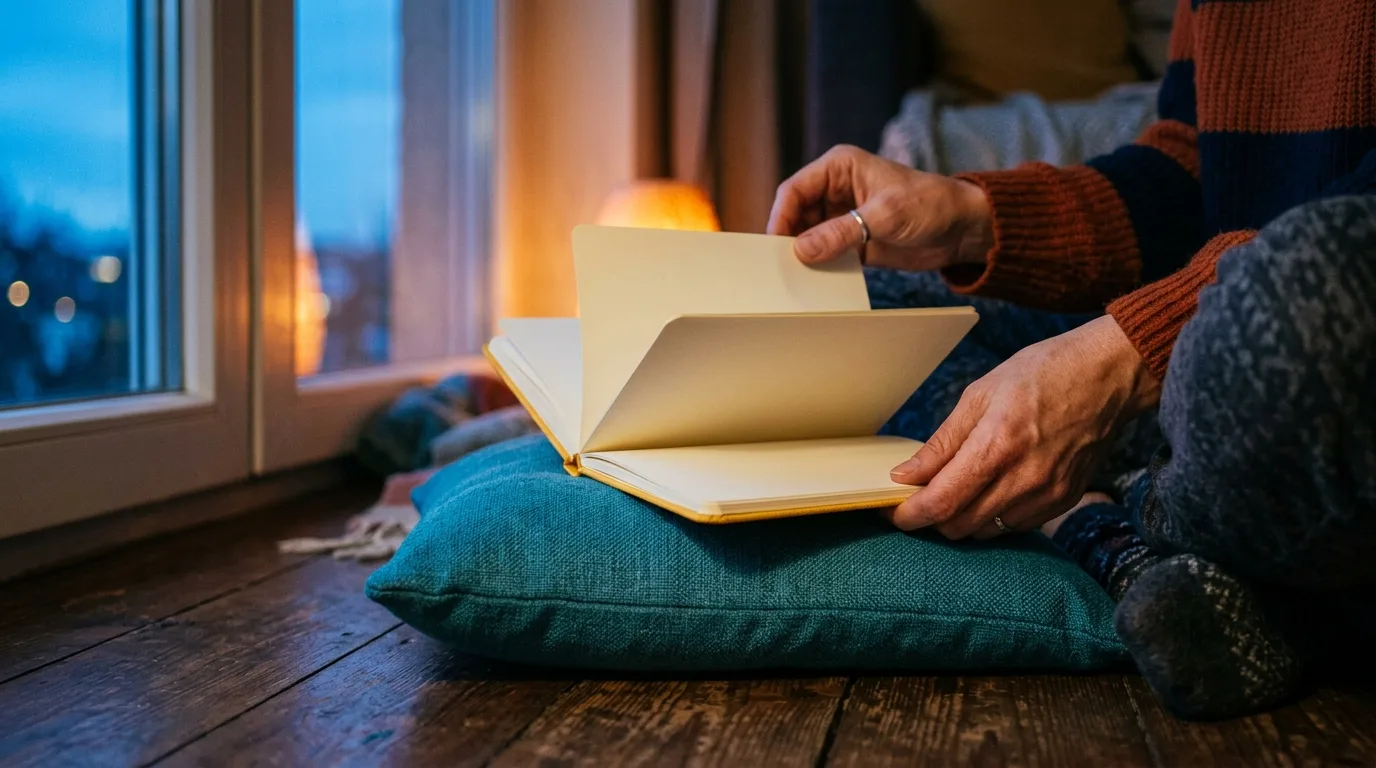 Hands flipping through a notebook on the floor at dusk, studying alone but focused