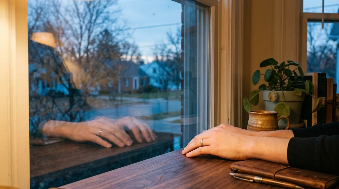 Hands resting on a desk, reflected faintly in a window at dusk