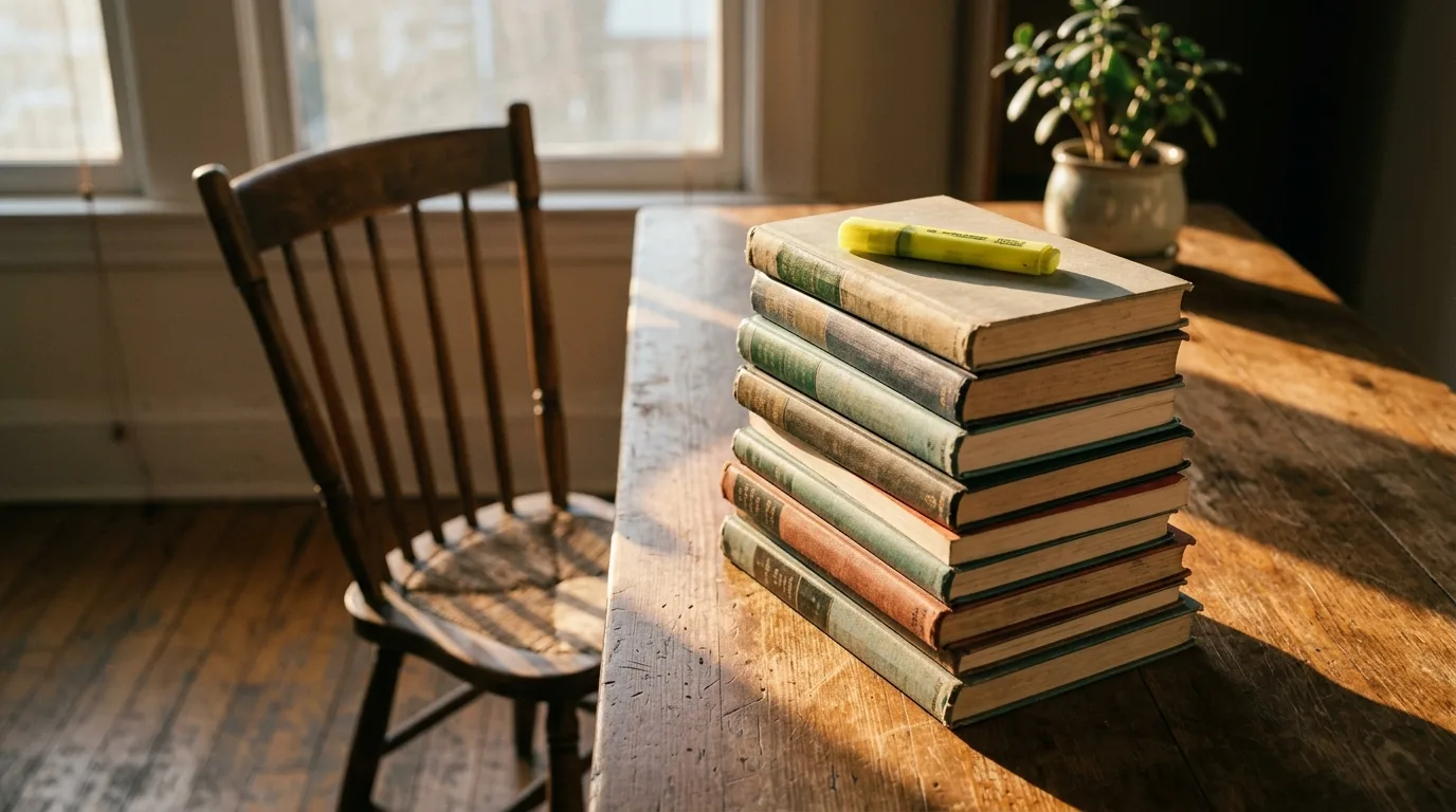 A stack of books and an empty chair, sunlight tracing the traces of a finished study session