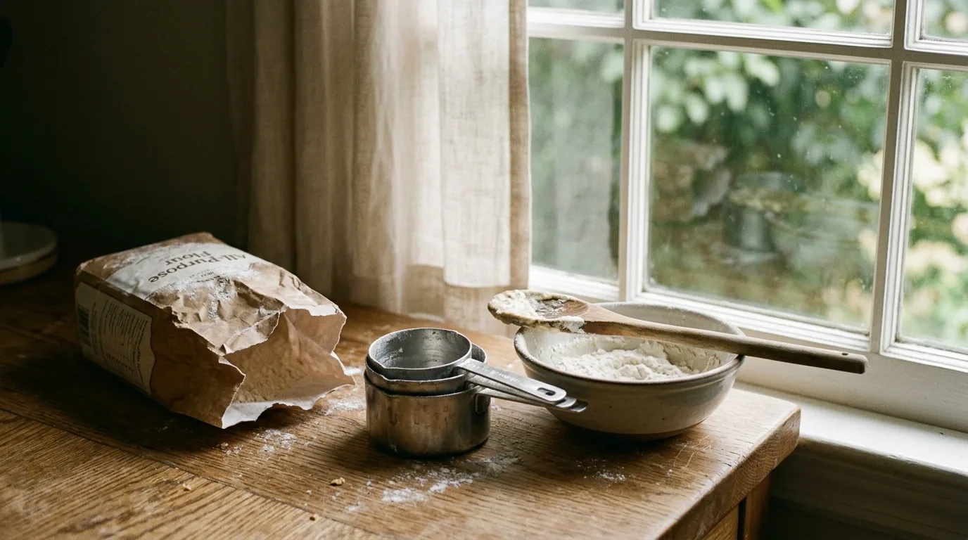 Measuring cups and a half-used bag of flour left on a counter, reflected faintly in a window