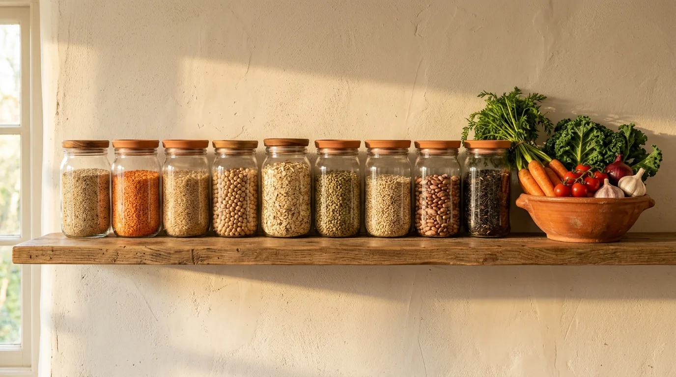 A symmetrical pantry shelf stocked with labeled jars and produce in warm evening light