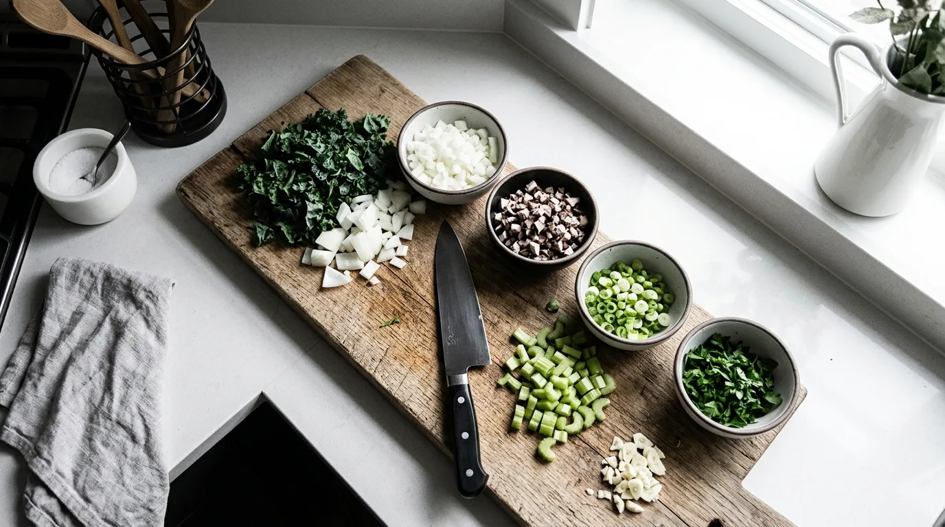 Prepped ingredients arranged diagonally across a cutting board in bright daylight