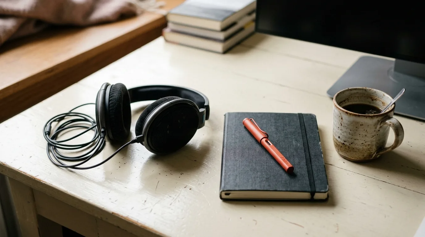 Quiet desk with headphones and a mug during a protected work stretch, no phone UI