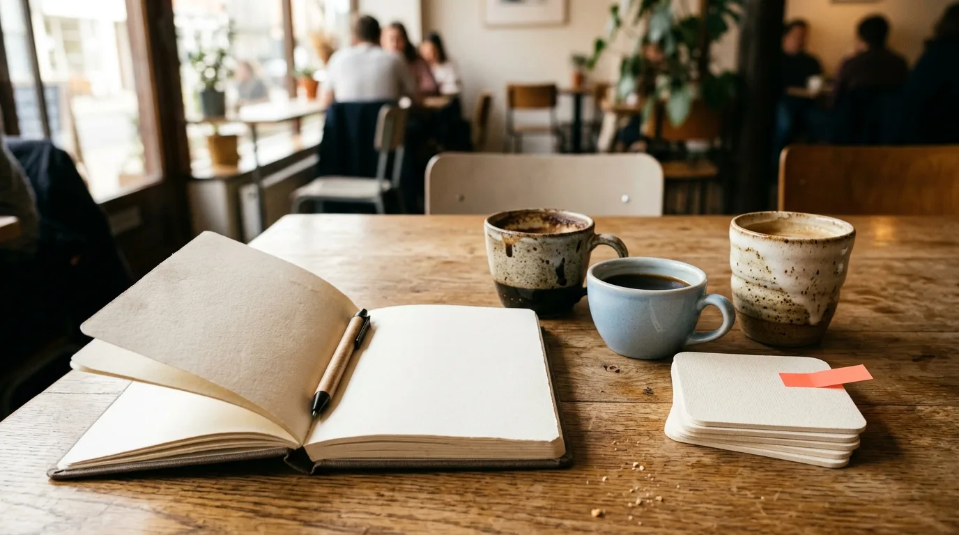 Notebook ledger and coffee cups suggesting a shared friend-group expense trail, no readable text