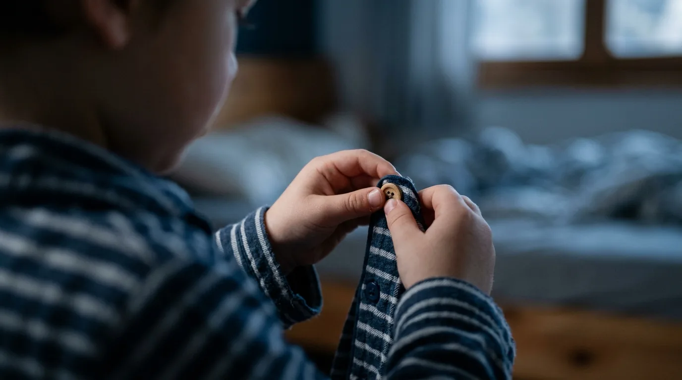 Close-up of a child's hands buttoning a pajama shirt in dim blue evening light