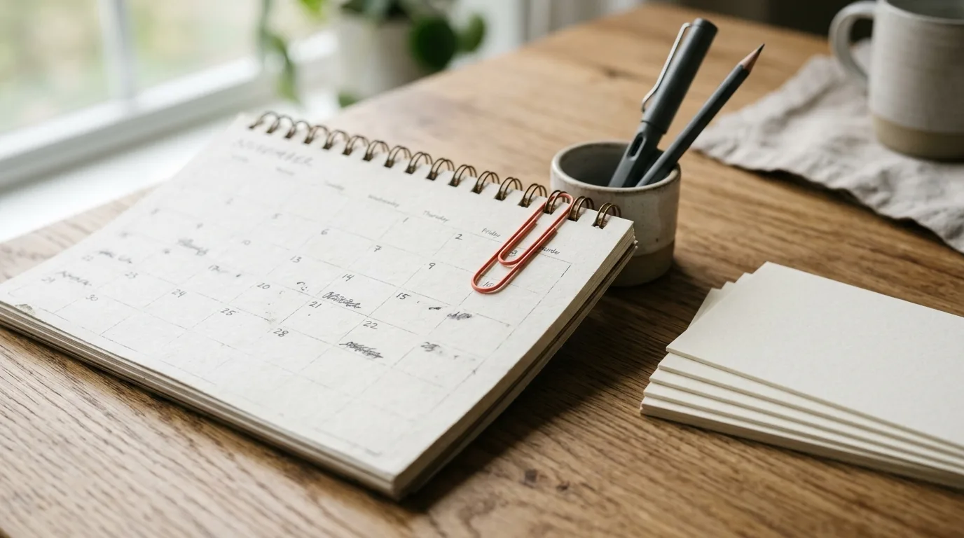 Desk calendar and blank cards suggesting a payoff schedule, no readable dates or UI