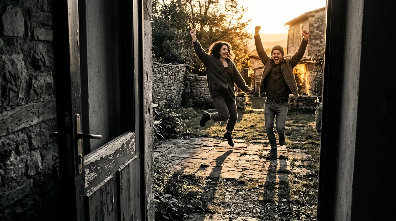 Two friends mid-motion outdoors at golden hour, seen through a doorway, celebrating momentum