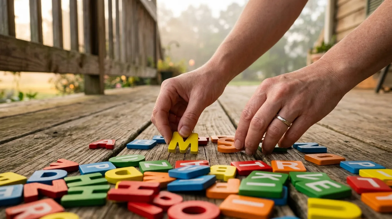 Close-up of hands arranging colorful letter tiles on the ground in early morning light