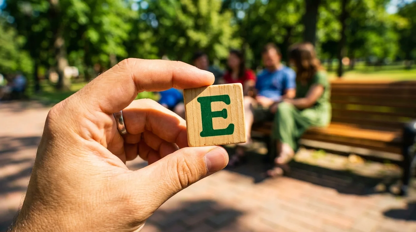 A distant group at a park bench, tight focus on one hand holding a letter tile