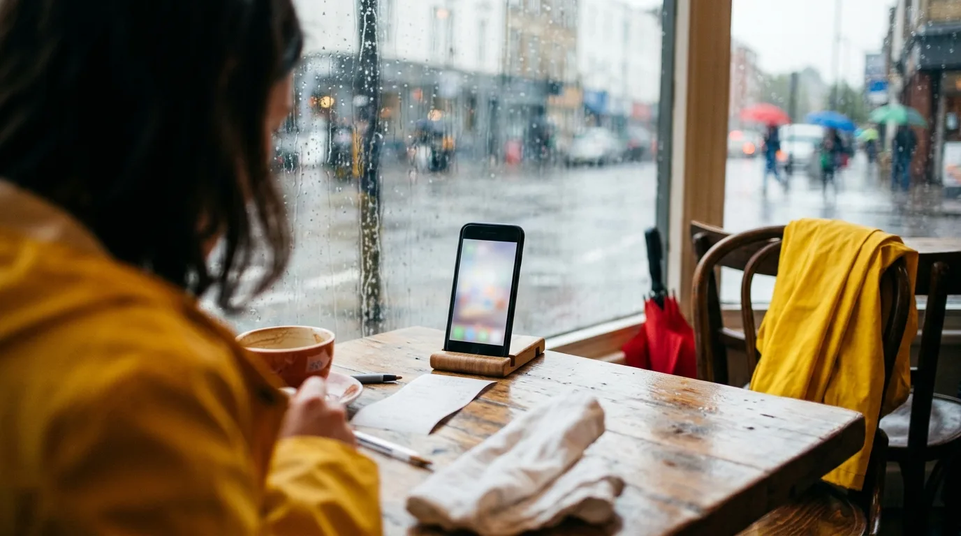 A phone propped up scanning a receipt on a rainy café table, shot from over the shoulder