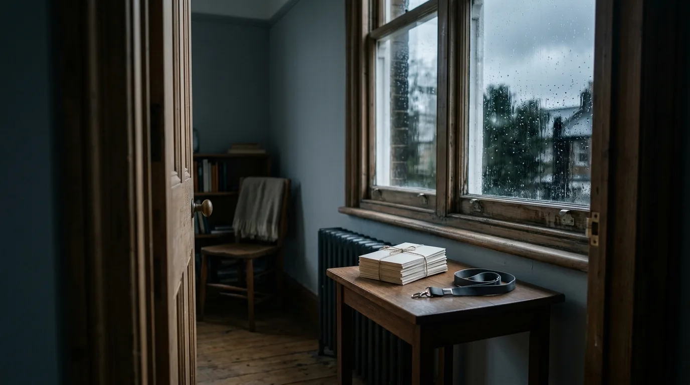 A stack of small printed QR cards left on a windowsill table, viewed through a rain-streaked doorway