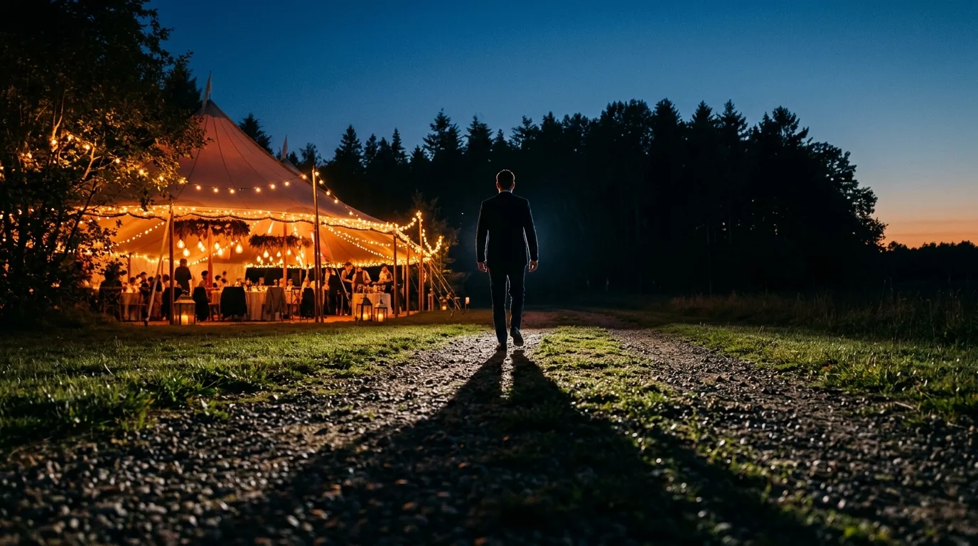 A guest walking away from a lit reception tent at dusk, camera left behind on the table