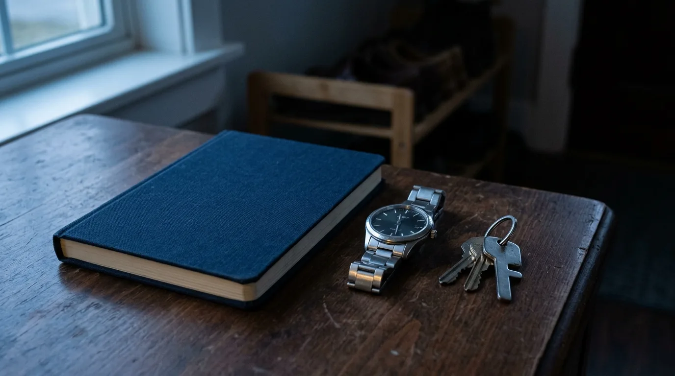 A closed notebook, watch, and keys arranged on a small table in blue hour light, ready for the morning ahead
