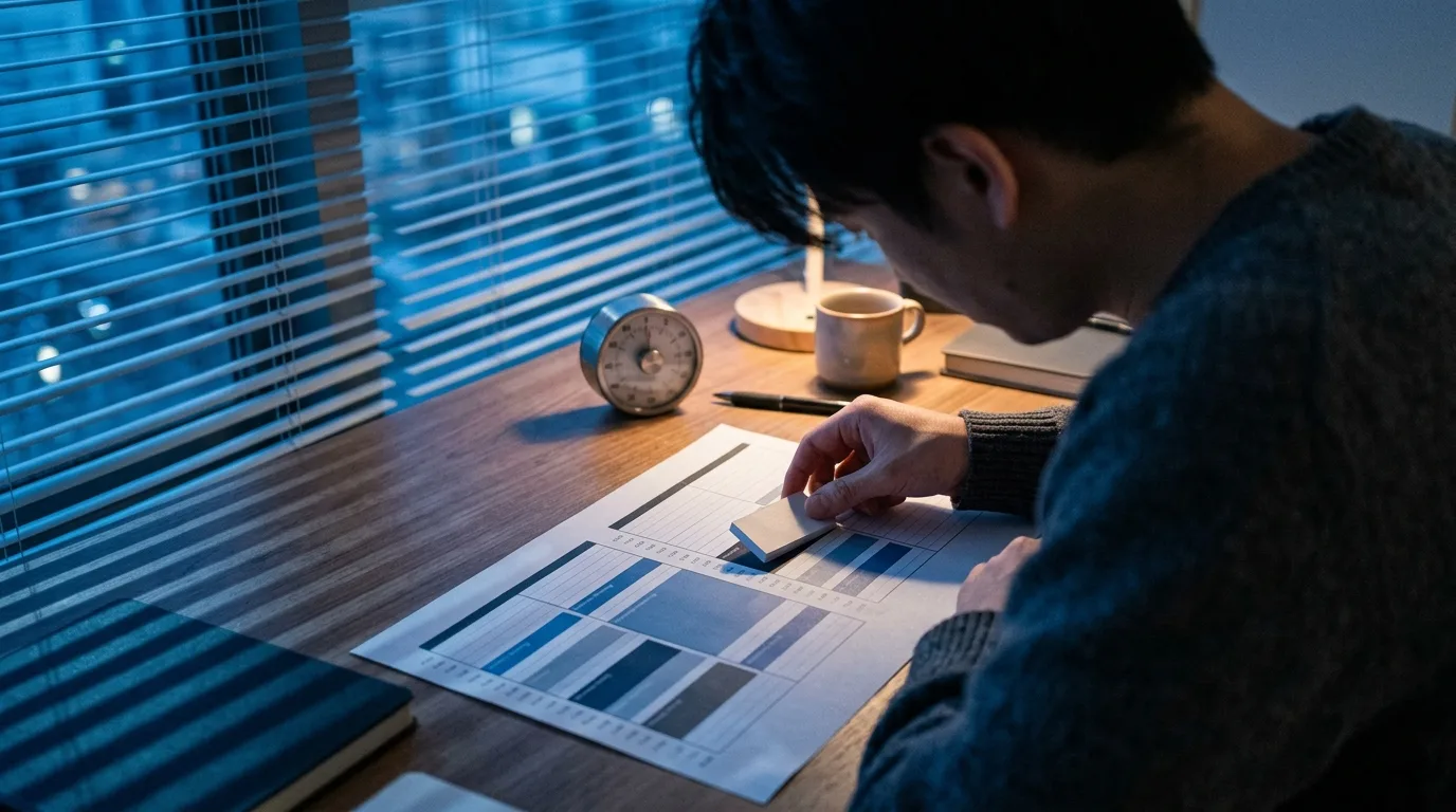 A person at dusk fits a task block onto a printed timeline sheet beside an analog timer