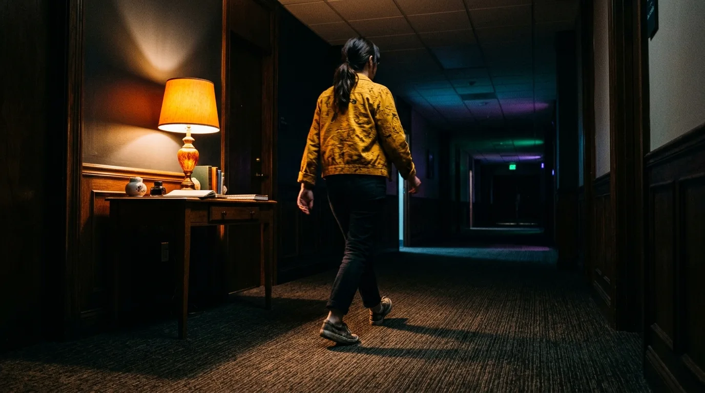 A person walking away down a warmly lit hallway at night, leaving a lamplit desk behind after finishing the day