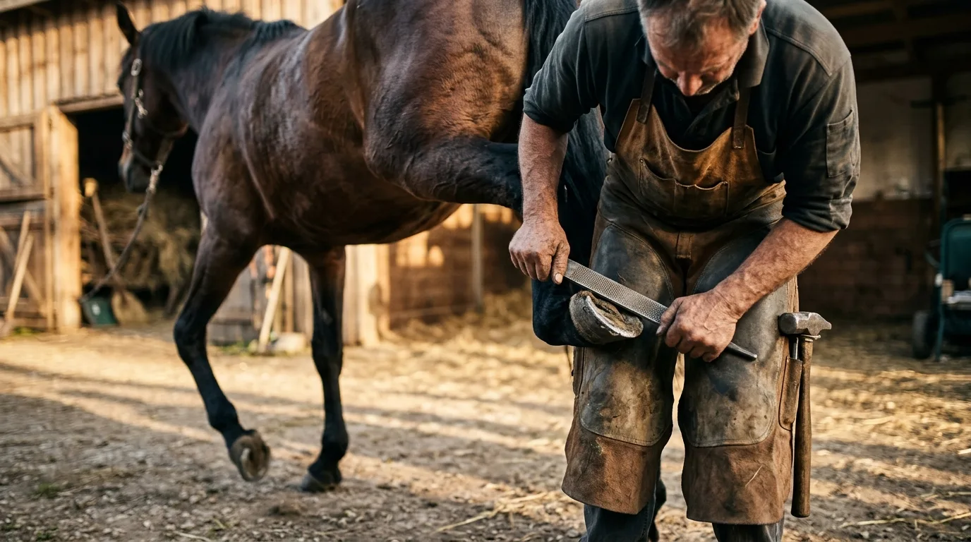 A farrier mid-motion working on a horse's hoof in late afternoon light