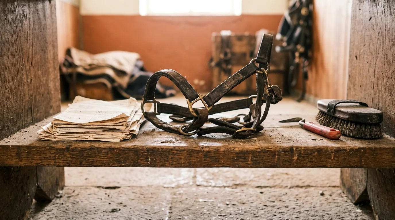 Grooming tools, a halter, and a folded vet record left on a low shelf in a tack room