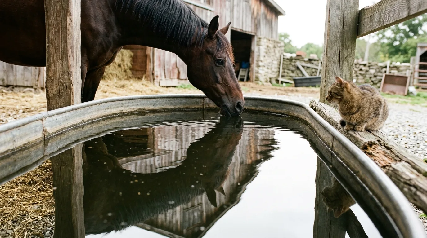 A horse's reflection in a still water trough, a barn cat incidental at the edge of the frame