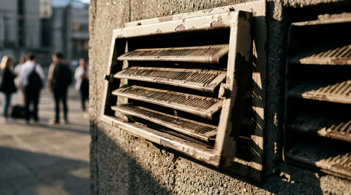 Close-up of a noisy outdoor vent at golden hour with a blurred group in the distance