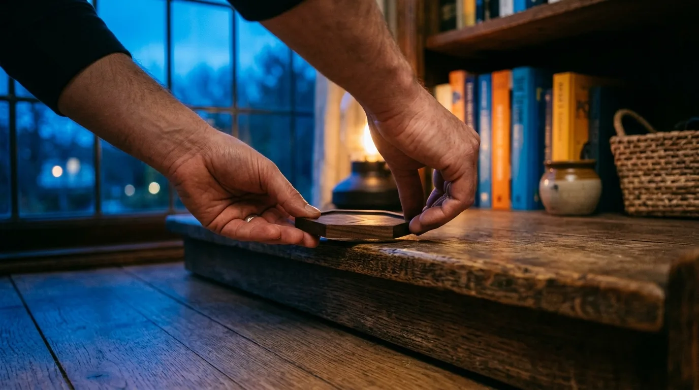 Close-up of hands placing an object flat on a wooden shelf near floor level at dusk
