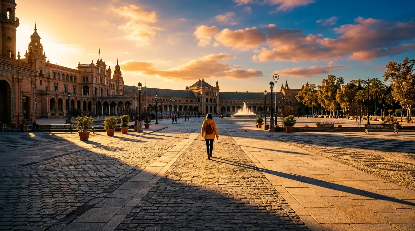 A person walking away across an open plaza at golden hour, small in the frame
