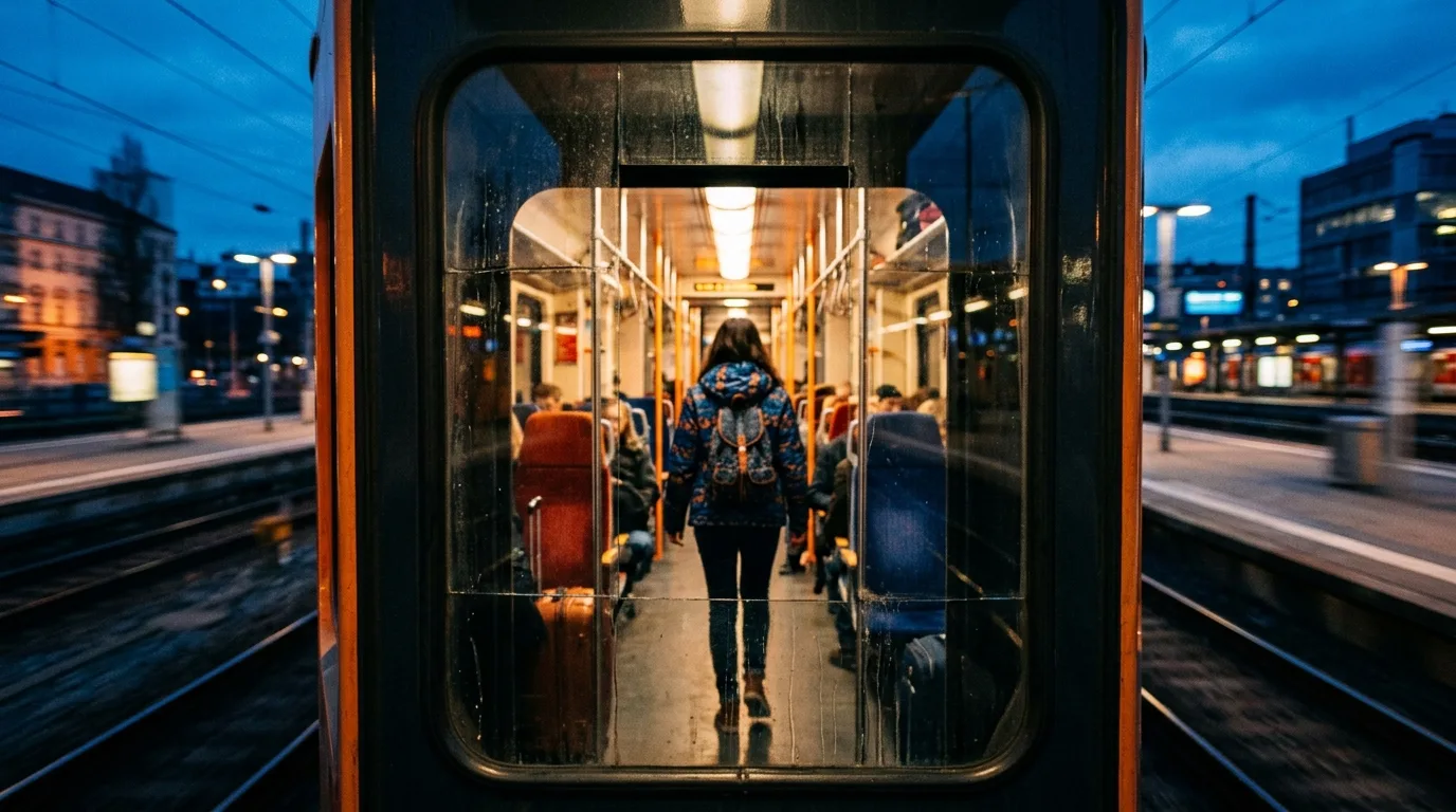 Reflection of a person in a train window with mixed daylight and warm interior light