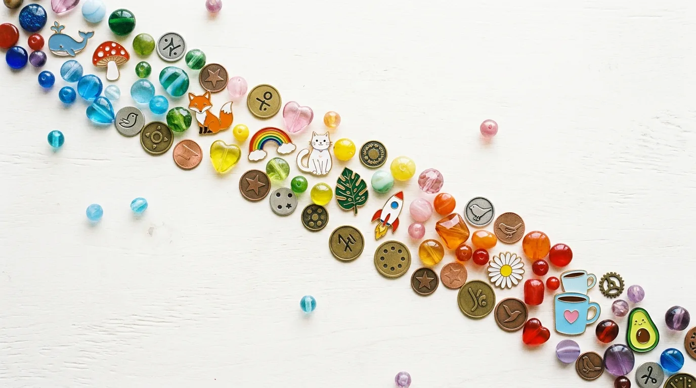 A neat diagonal arrangement of small collectible objects like pins and tokens on a bright surface