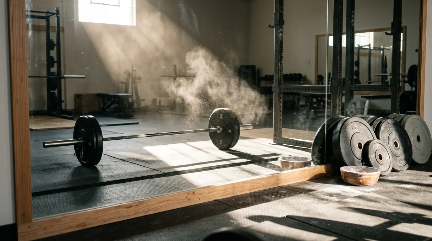A loaded barbell and chalk dust reflected in a gym mirror, no lifter in frame