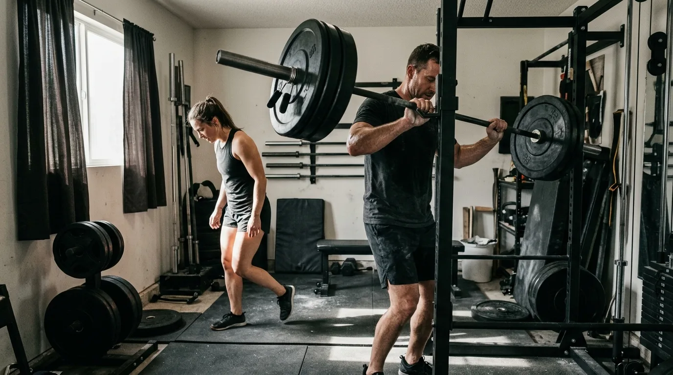 Two lifters mid-motion in a small home gym, one racking a barbell as the other steps back
