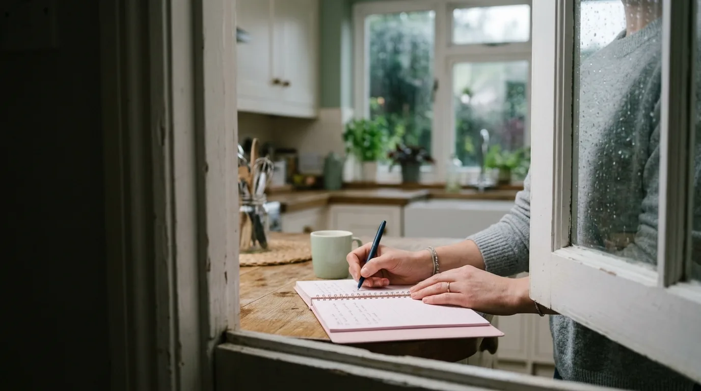 Hands writing a list at a counter, seen through a rain-streaked doorway