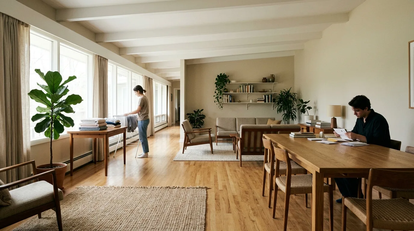 Two people across a bright room, seen from a distance, each handling separate household tasks