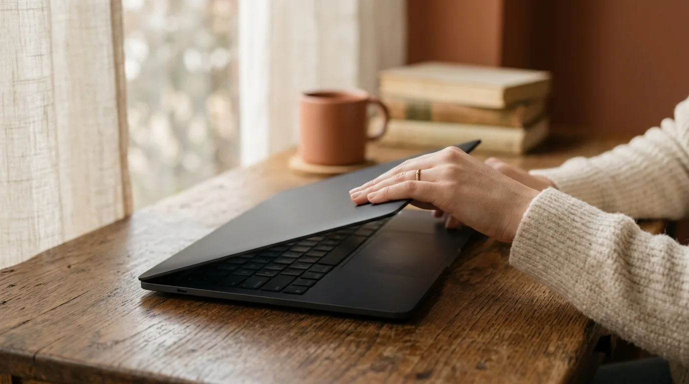 A hand quietly closing a laptop near a curtained window, soft warm light