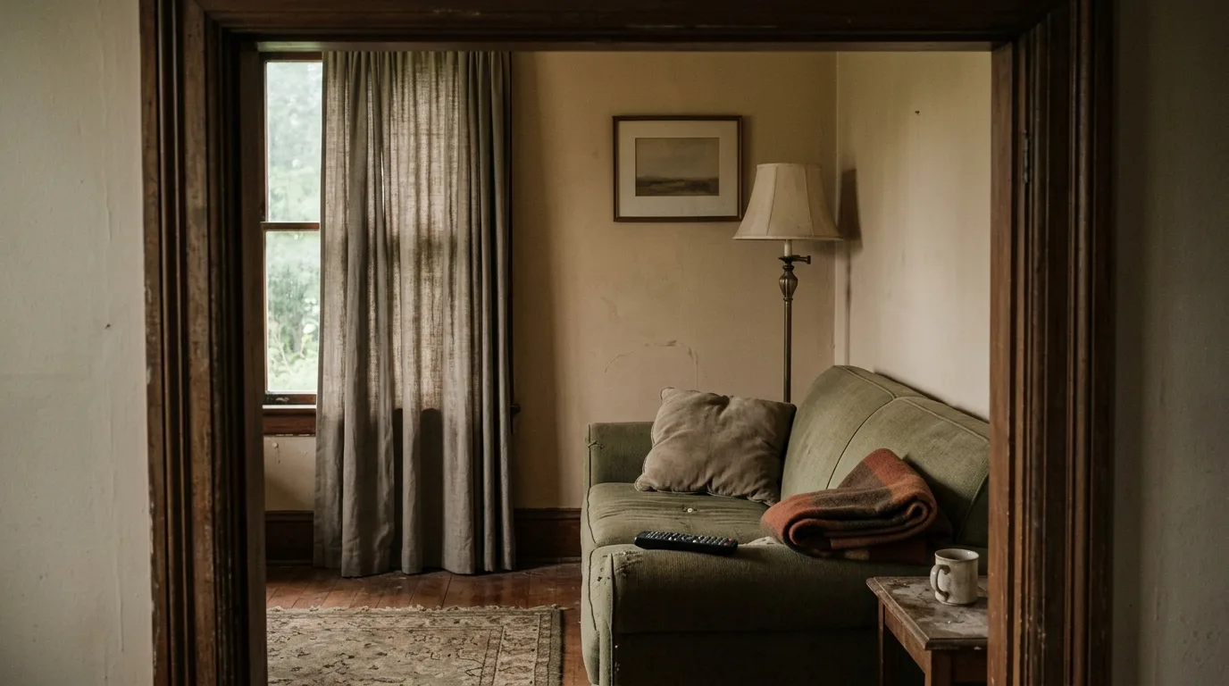 A couch corner with a remote control left untouched, seen through a doorway