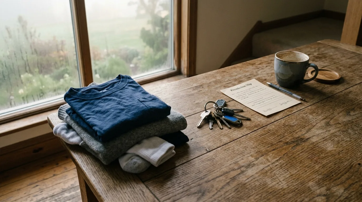 Household objects left as they are: laundry, keys, and forms on an entryway table in morning haze