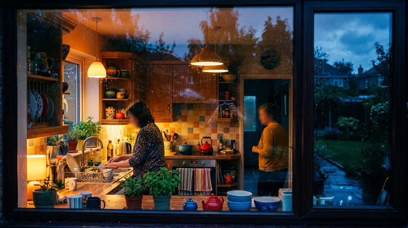Two people reflected faintly in a kitchen window at dusk, too far to read their expressions