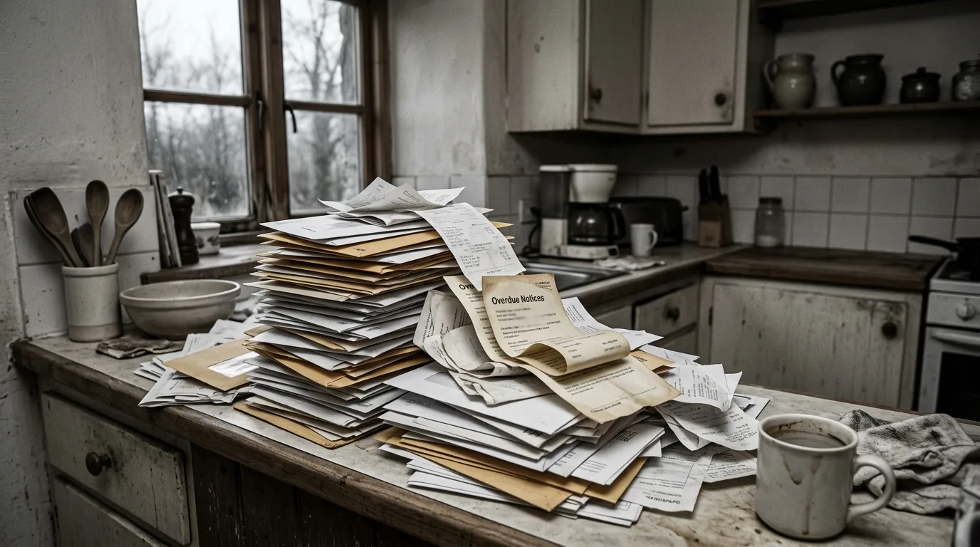 A kitchen counter stacked with unopened envelopes and overdue notices, no one in the frame