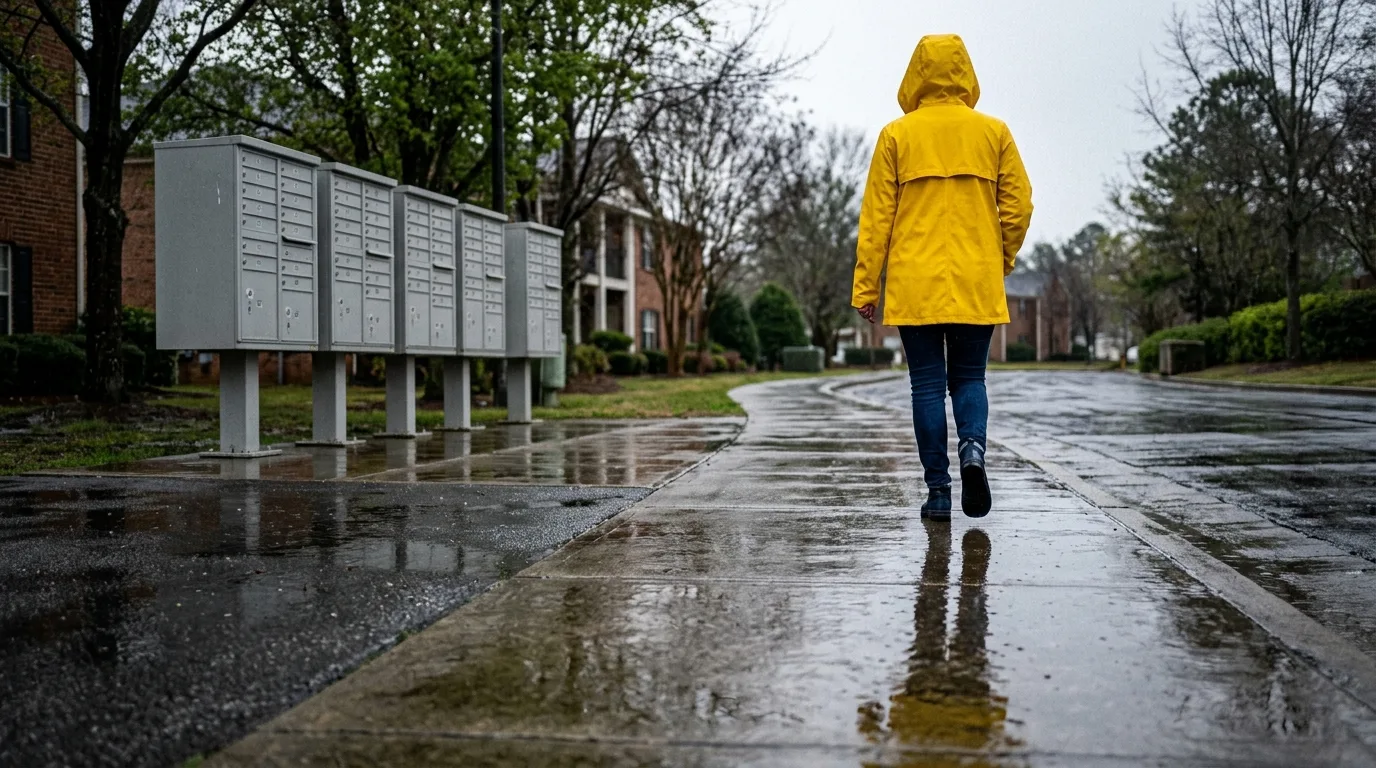 A person walking away from a row of mailboxes in the rain