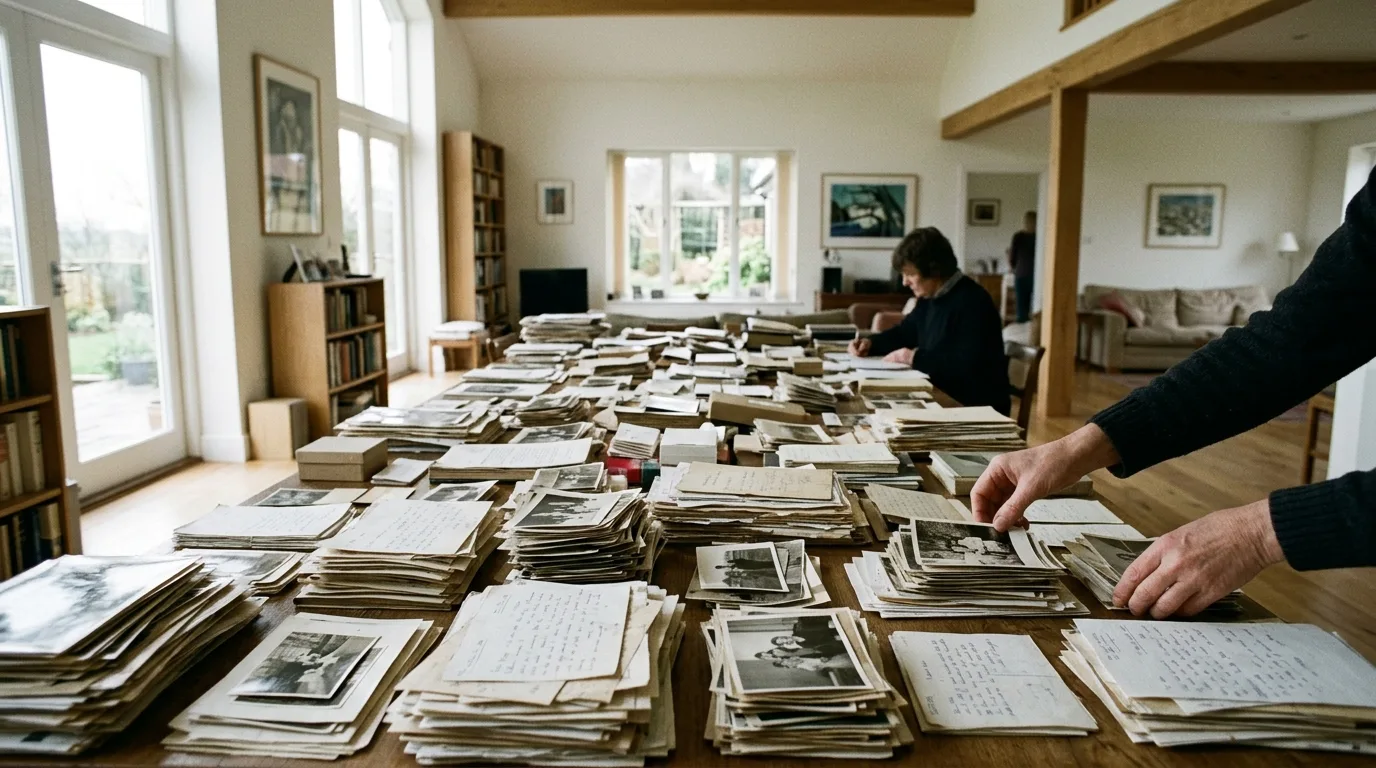 Hands sorting a wide spread of printed photographs and papers on a large bright table