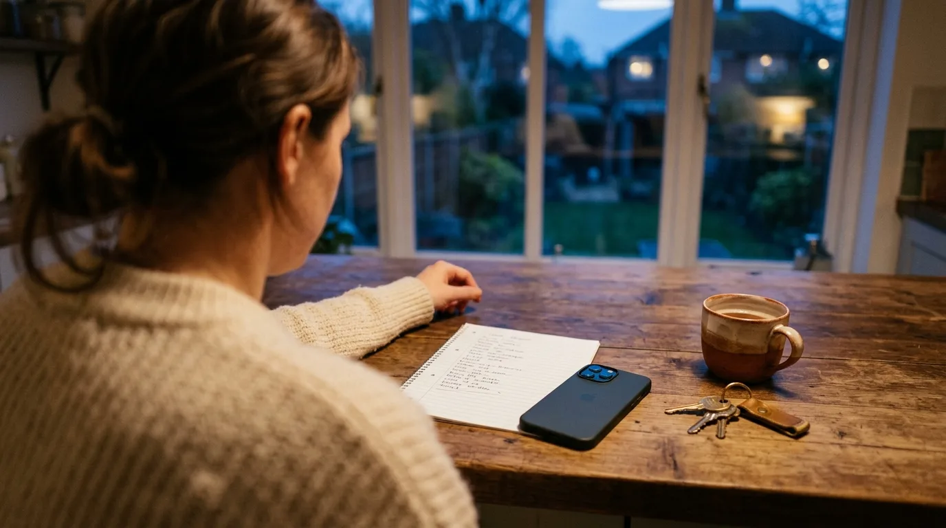 A handwritten household task list and a phone face-down on a counter at dusk