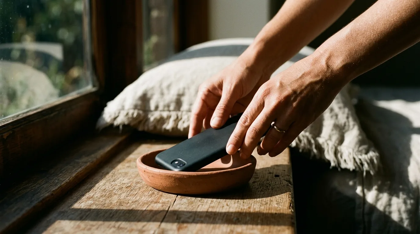 Hands setting a phone face-down on a clay dish on a bedroom windowsill in hard sunlight