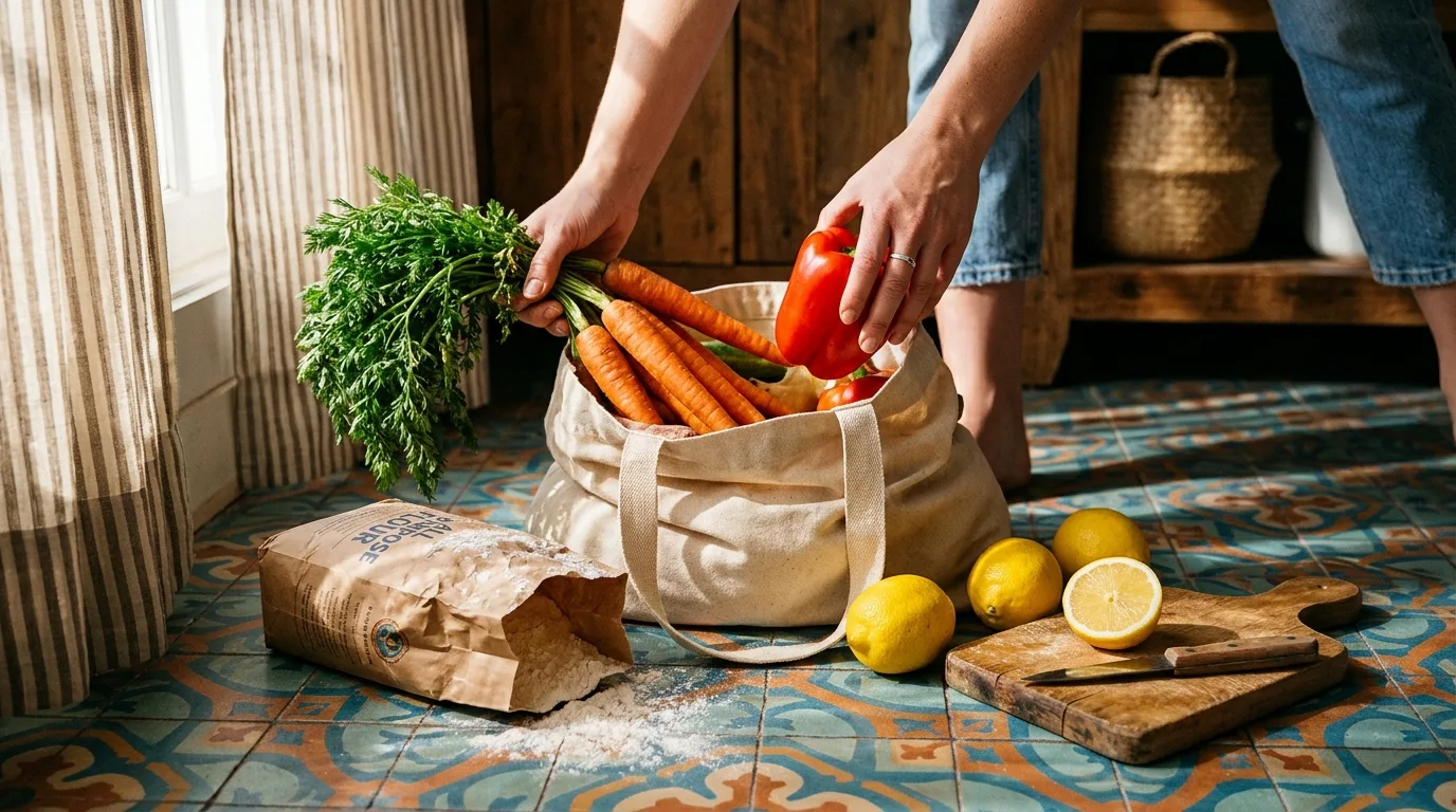 Hands lifting bright vegetables out of a canvas grocery bag on a tiled kitchen floor