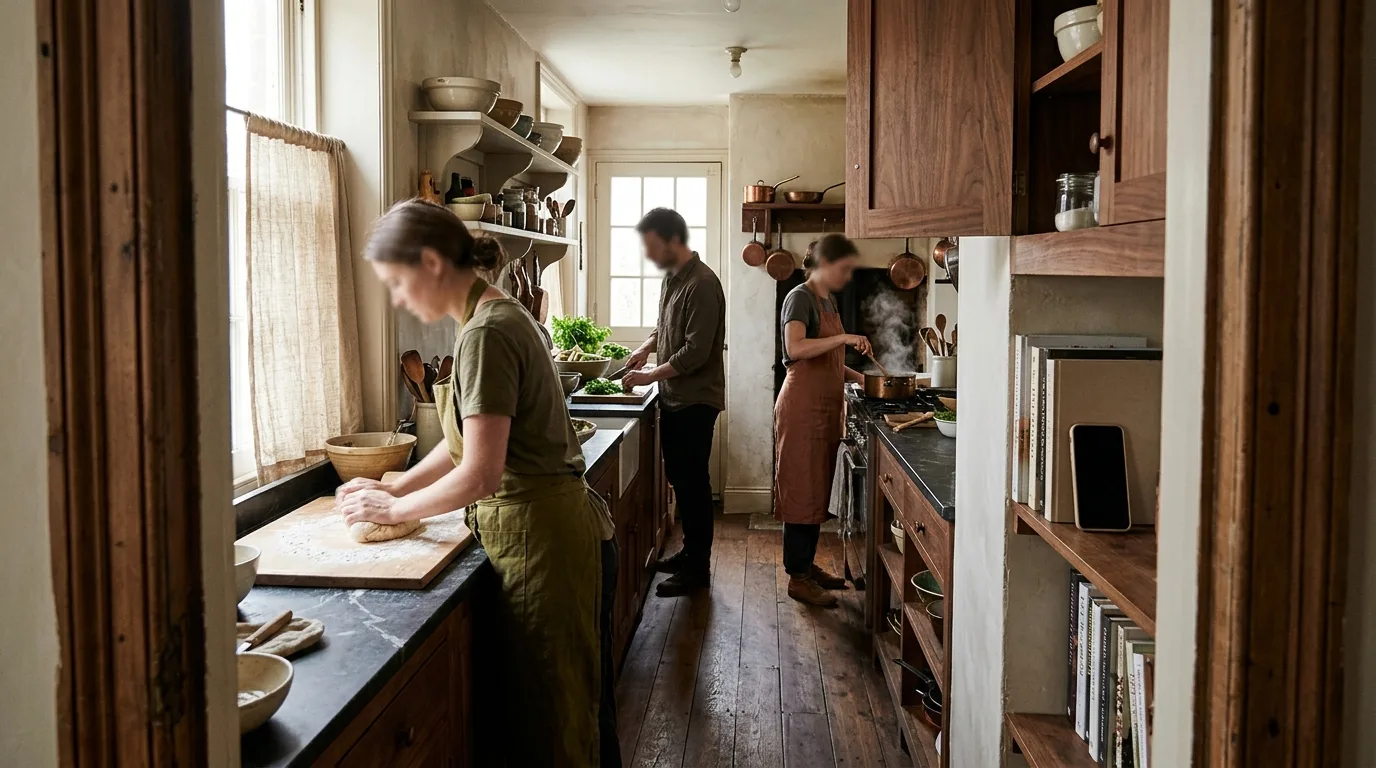 A small family cooking together in a long galley kitchen, seen from the doorway