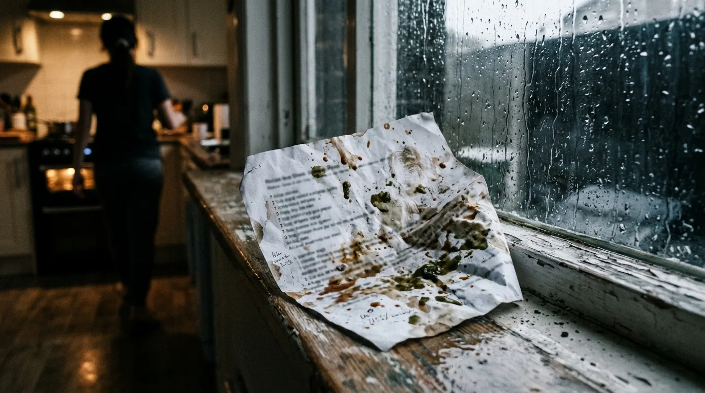 A sauce-splattered printed recipe sheet on a rainy windowsill as someone walks away