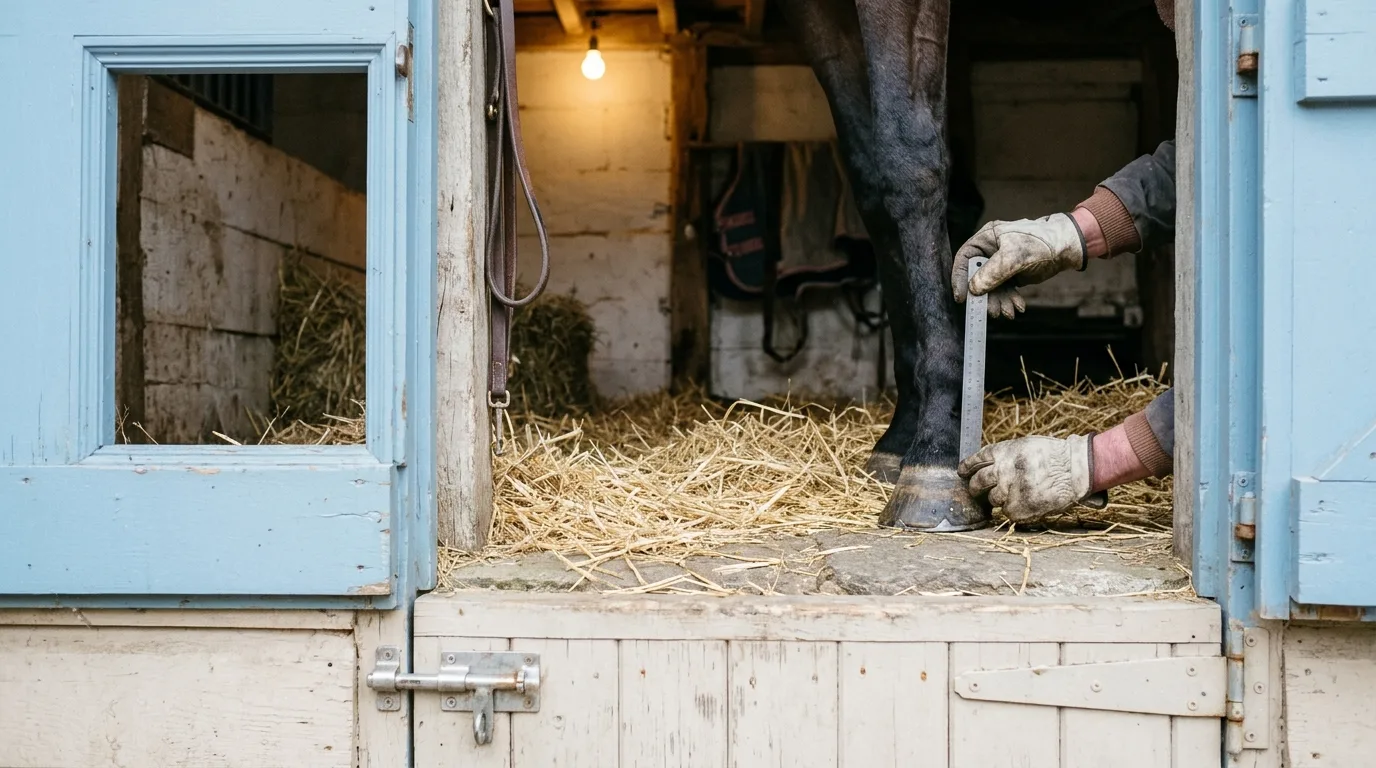 Hands holding a small steel ruler against a horse's unshod hoof on straw, seen through a stable door