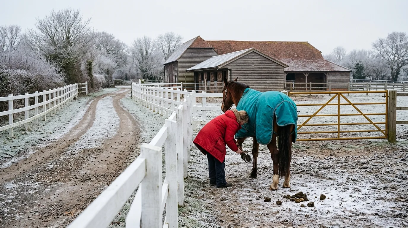 Person in a red coat picking out a horse's hoof on a frosty lane lined with white fence rails