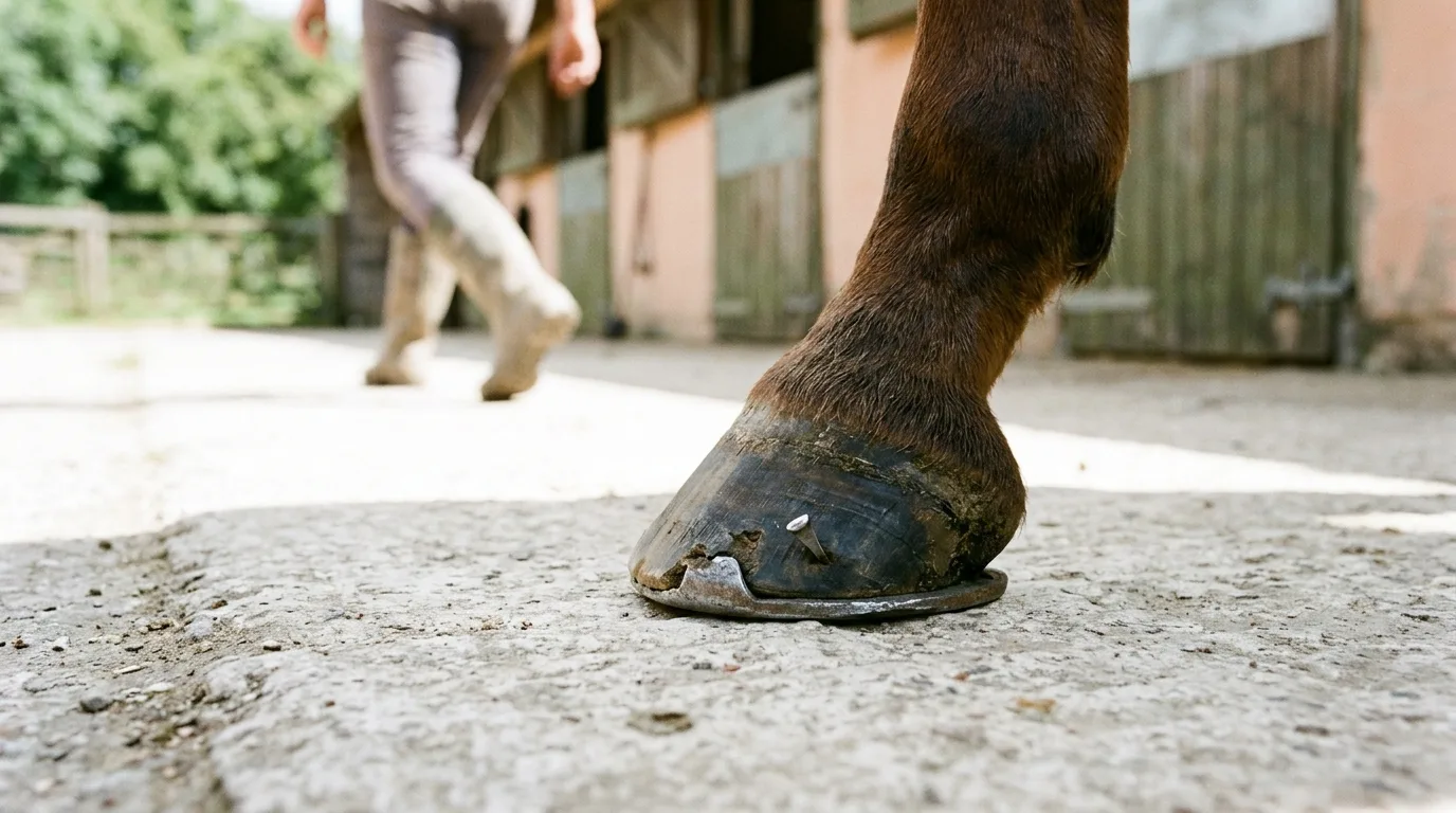 Close-up of a shod hoof with a shifted shoe, lifted nail end and chipped toe on pale concrete in sun