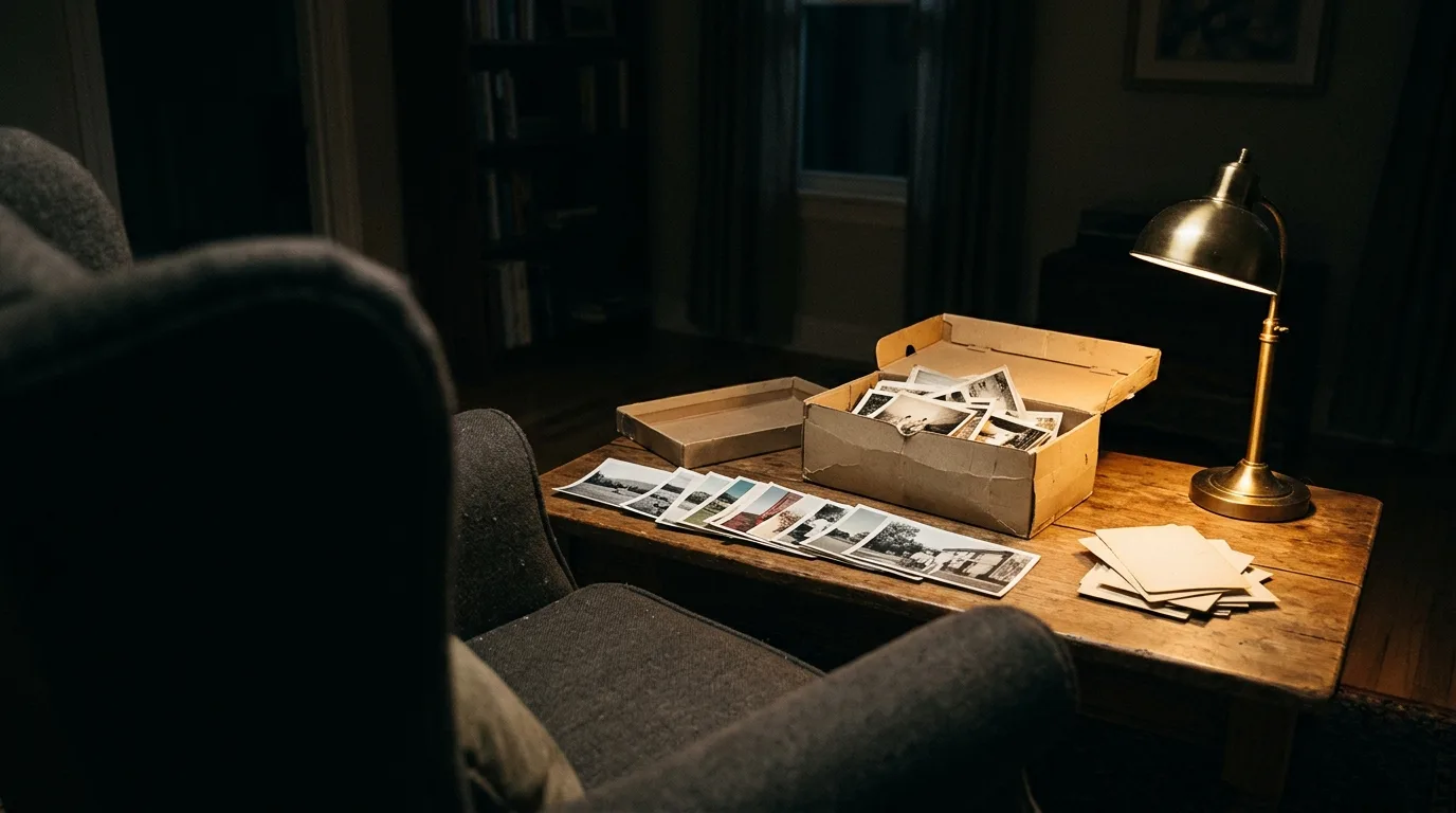 An open shoebox of printed photos at night, a few dated ones in order and some undated prints set apart
