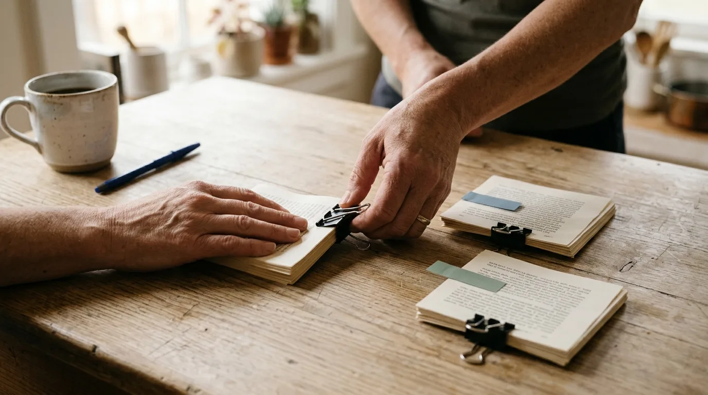 Hands clipping a printed stack of message pages into separate sections, each marked with a blank coloured tab