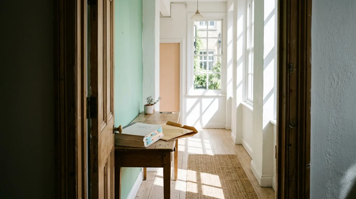 A bound document with numbered tabs on a hallway table, seen through a doorway in bright midday sun